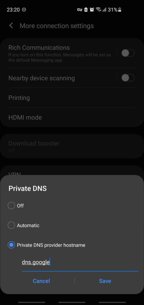 Google Private DNS setup on Android