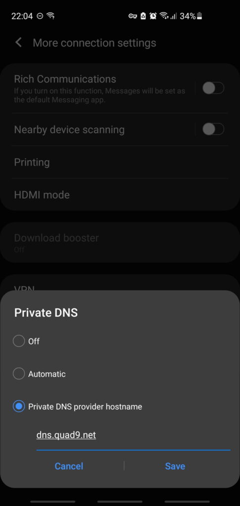 Quad9 Private DNS setup on Android